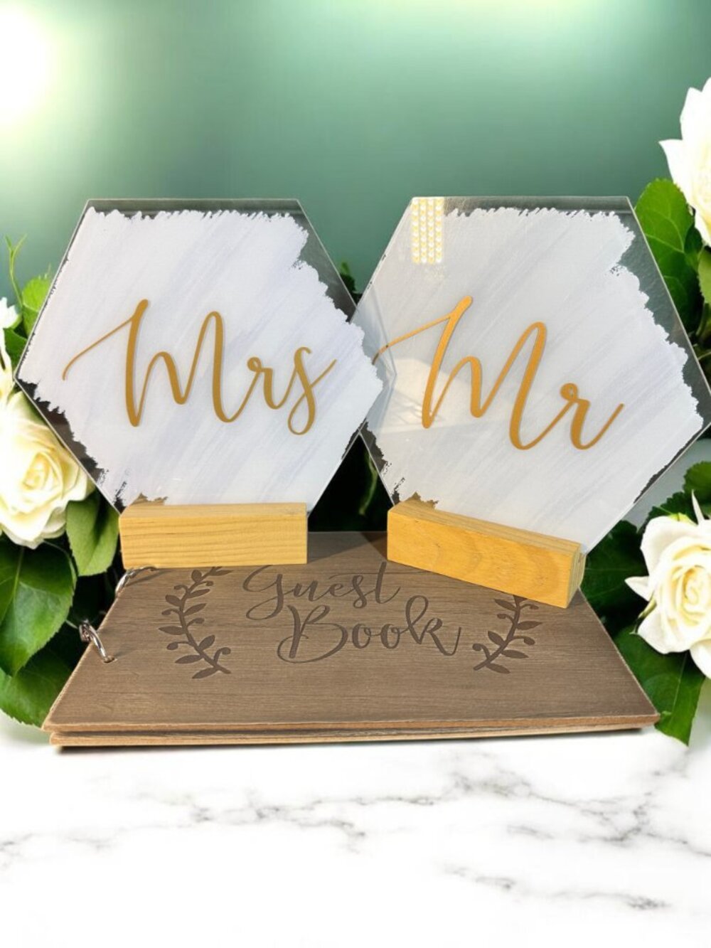 Acrylic White and Gold "Mr" and "Mrs" Table Signs with Wood Guest Book